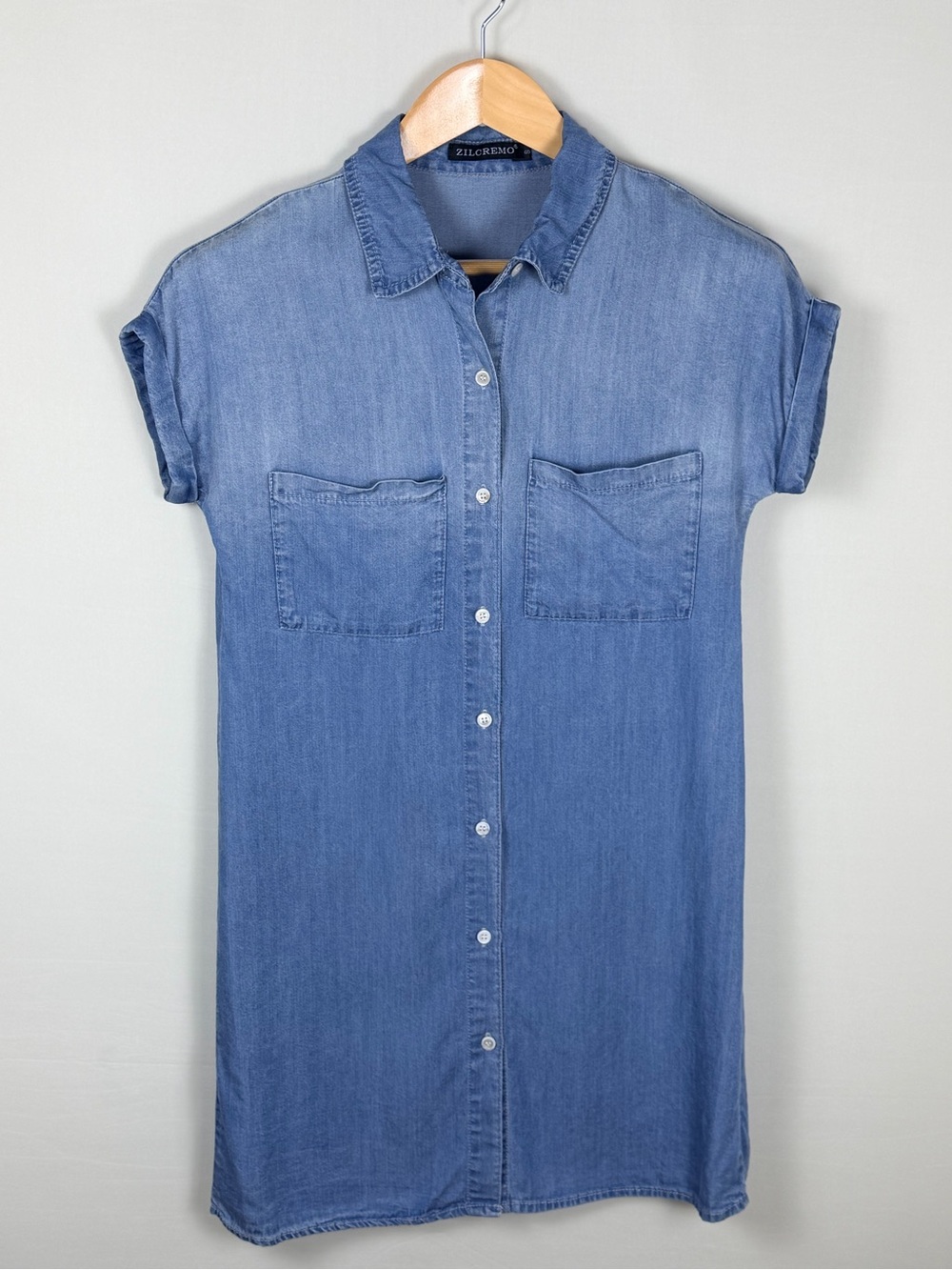 Zilcremo Chambray Shirt Dress Blue Button Front Cap Sleeve Lightweight Small